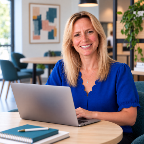 Jenny sitting at a desk with a laptop